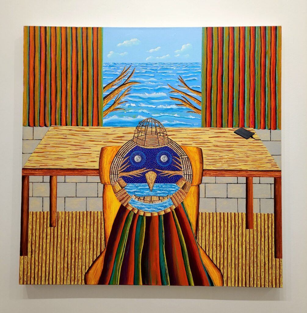 Artwork by Tom Antell depicting a pinocchio-like figure with ocean view through a window behind